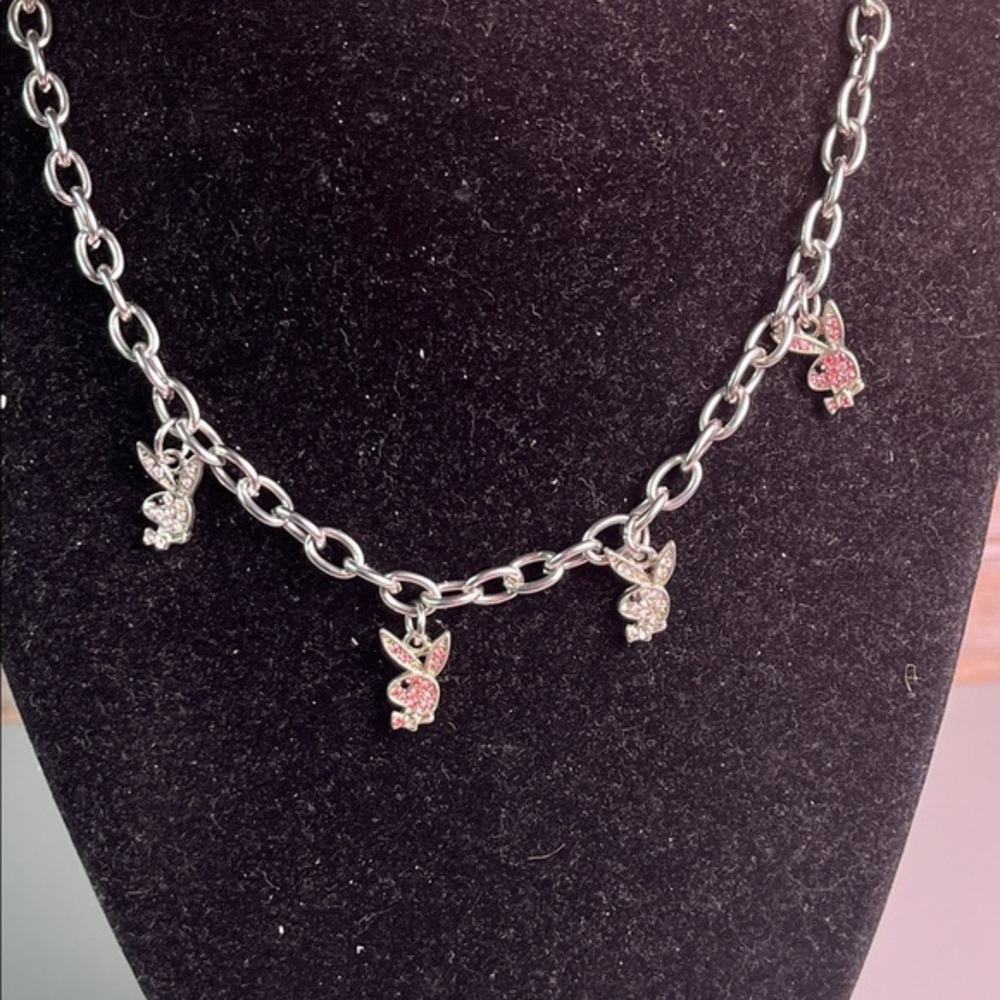 Playboy Bunny Necklace with 4 Charms Pink & Clear